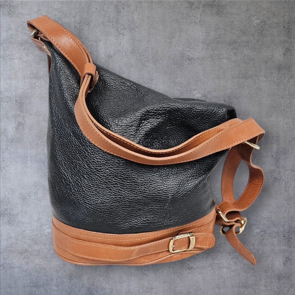 Valentina Black & Tan Leather Bucket Bag Women's Shoulder Purse‎